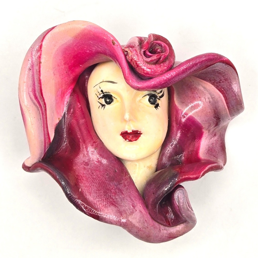 Handmade Lady Face Clay Brooch Pink Purple Marbled Hat Rose Art Deco Style